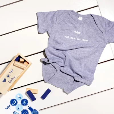 bartaco Onesie, Will Crawl for Tacos, Grey baby onesie