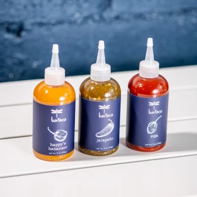 bartaco hot sauces, three squeeze bottles of hot sauce
