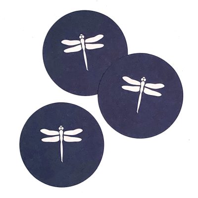 bartaco coasters, paperboard with navy print and white dragonfly, group shot of three