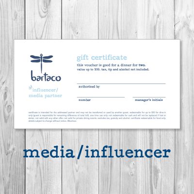 bartaco media/influencer gift certificate, dinner for two