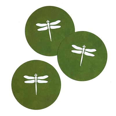 bartaco coasters, paperboard with green print and white dragonfly, group shot of three